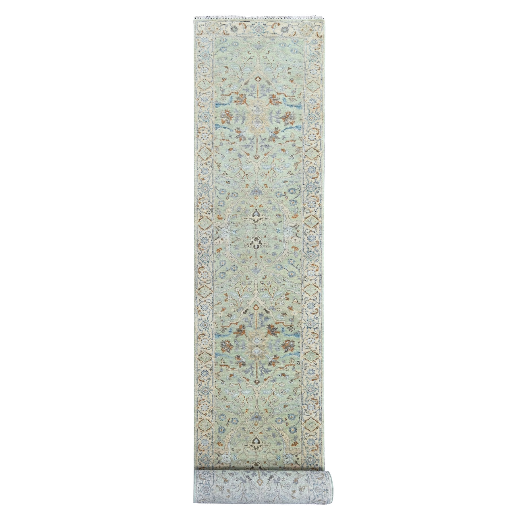 2'6"x18'3" Pistachio Green, Oushak with Floral Motifs, Hand Knotted, Soft Pile, Pure Wool, Denser Weave, XL Runner, Oriental Rug 